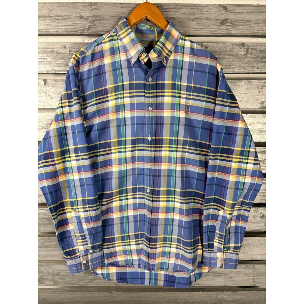 Ralph Lauren Mens Large Plaid Button Down Shirt Blue Yellow Oxford Cotton